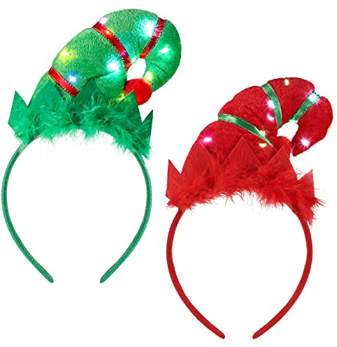 Luinabio 2 Pieces Christmas Elves Headbands Glowing Elf Hat Costume Headwear Accessories, Red Green Elf Hair Hoop with 3D Hat Designs for Christmas and Holiday Parties Favors (Classic Style)