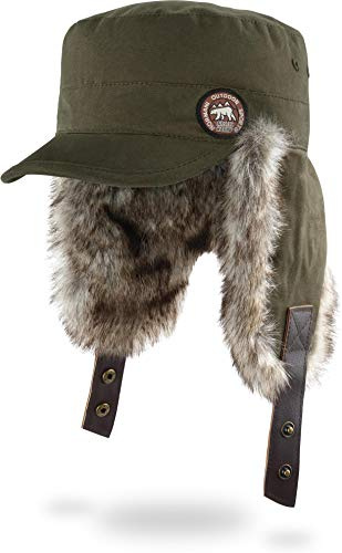 normani Wintermütze Wintercap mit Kunstfell und Ohrenklappen - Warme Innenpolsterung, Winddicht und Schirm für Damen und Herren Farbe Oliv Größe L/XL