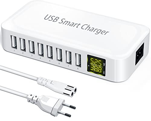 Ziwodiv Cargador USB, 8-Puertos Cargador Movil USB Multiple, Estación de Carga con LCD Pantalla, Charger Station para iPhone 15/14/13/Pro/Max, iPad, Apple Watch, Samsung Galaxy S24/S23, Pixel 7/6
