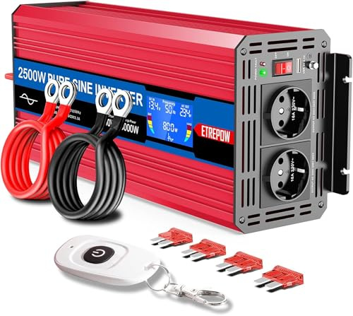 ETREPOW 2500W Inverter 12v 220v Onda Sinusoidale Pura Convertitore di Tensione Con 2 Prese EU e 2,1A USB, Telecomando Senza Fili,Display LCD e 2 Ventilatori,Picco 5000W