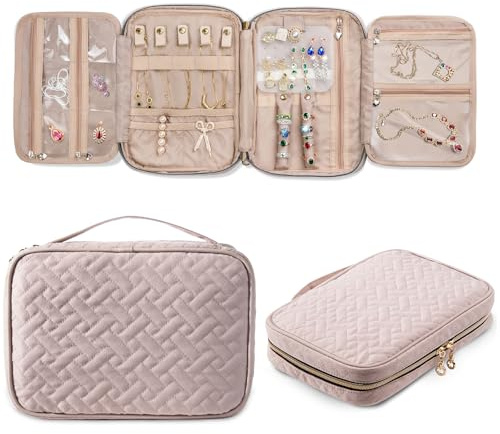 SFYBYHEART Travel Jewelry Organizer Case, Jewelry Travel Bags for Women, Large Capacity Travel Jewelry Case for Tangle-Free Earrings, Necklaces, Rings Storage, Travel Accessories, Pink.…