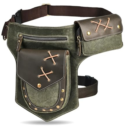 Handadsume Tela Resistente All'acqua + Vera Pelle Moto Equitazione Travel Coscia Borsa per Gambe Marsupio in Vita Per Gli Uomini Donne FB211-8 (A-Verde)