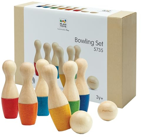 PlanToys® Bowling Set Wooden Montessori Gross Motor and Coordination Toy | Movement, Concentration and Early Math Learning Activity | Eco Friendly Indoor and Outdoor Bowling Game