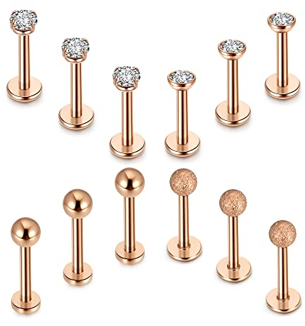 JSDDE 12er Rosegold Tragus Piercing 16ga Edelstahl Retainer Lippenpiercing Helix Tragus Ohr Piercing Stecker Labret Monroe Piercing Set