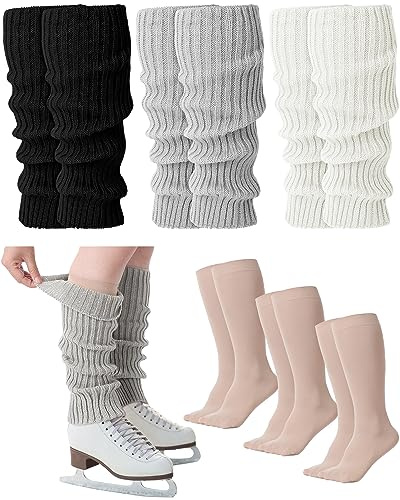 Chuarry 6 Pairs Skating Leg Warmer Sets for Women Girls Knit Long Leg Warmers Socks Calf Socks Set for Ice Figure Skating(Black White Gray Nude,Stripe Style)