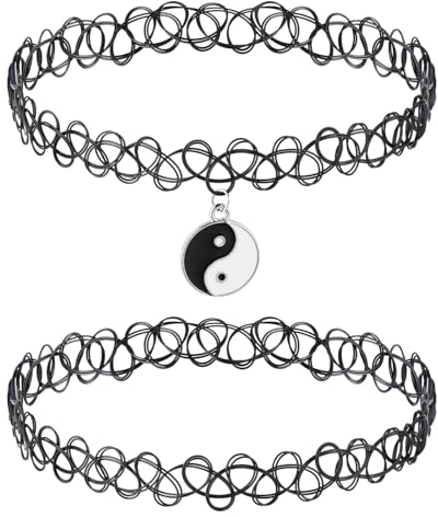 DIVINA VITAE 2 Pcs Black Tattoo Choker Necklace Set for Woman Stretchy Henna Jewelry 90s Choker Necklace Accessories for Women Teen Girls Kids - Black Pendant Charm for Jewelry Gift Summer Style
