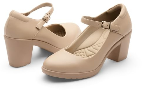 Cusolemore Mary Jane Shoes for Women with Arch Support, Closed Toe Heel Pumps, Nude Work Shoes for Women, Chunky Short Heel Dress Shoes Size 8