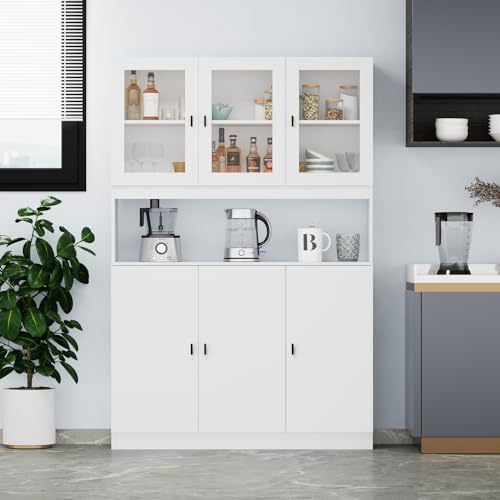 Armario de cocina con 6 puertas, armarios de cocina con 3 puertas de vidrio templado, armario buffet de cocina con estantes ajustables, armarios de cocina con encimeras, color blanco, 30 x 120 x 180