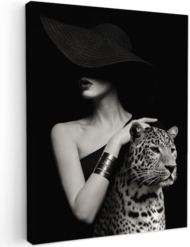 MuchoWow© Impressions sur Toile 50x70 cm Deco Tableau Murale Decoration Salon Peinture Tableaux Chambre Toiles Maison Femme - Vintage - Portrait - Léopard - Noir et blanc