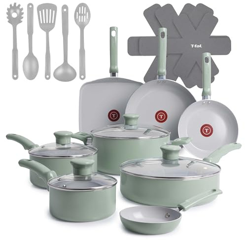 T-fal Refresh Ceramic, Ceramic Non Stick Cookware Set 20 Piece, Oven Broiler Safe 350F, Kitchen Set w/Egg Pan, Fry Pans, Saucepans, Griddle, Sautepan, Dutch Oven & Utensils, Pots, Pans, Mint Green