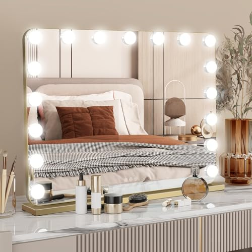 YU YUSING Hollywood Espejo Maquillaje con Luz 18 LED, 80 x 60cm, 3 Modos Iluminación Regulables, Espejo Tocador, Espejos de Mesa, USB, Tipo C, Vanity Mirror Tocador Dormitorio, Esquinas Redondas, Oro