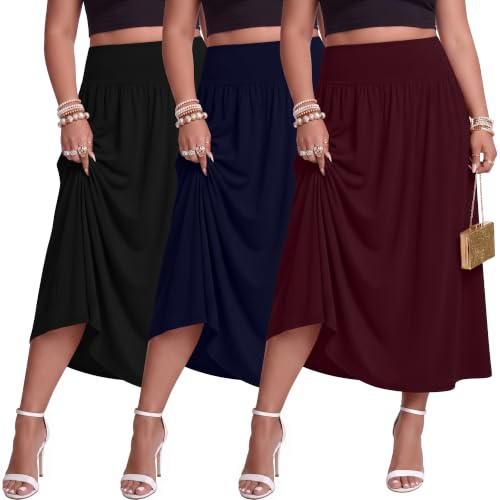 Ficerd 3 Pack Women Plus Size Maxi Skirts, 3-Color, 3X-Large