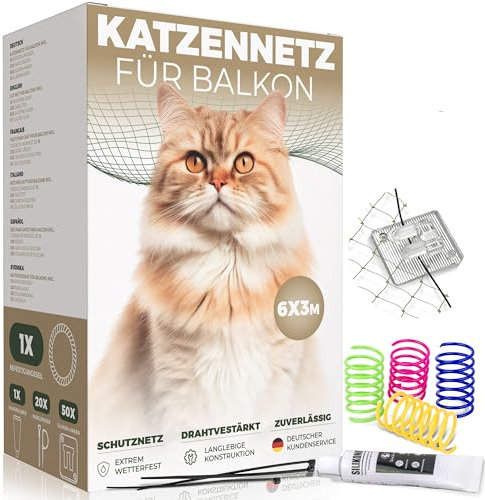 WOOWOOD Katzennetz für Balkon (Ohne Bohren)- mit Klebehaken & Silikonkleber - Katzennetz Drahtverstärkt - Katzenschutznetz Wetterfest - Katzennetz Fenster Katzengitter - Katzennetz Balkon (6X3m)