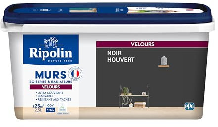 RIPOLIN - Peinture Intérieure Multi-Supports – Murs, Boiseries & Radiateurs – Ultra couvrante - Monocouche - Confort d'application - Aspect Velours - Noir Houvert - 2,5L