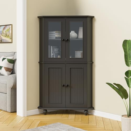 Scurrty Tall Corner Shelf Cabinet with 4 Doors & 2 Tiers, Free-Standing Storage Organizer for Living Room, Dining Room & Bathroom (Black)