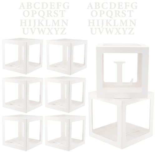 PUCSIQ Set di 8 scatole trasparenti per palloncini con lettere, 30 x 30 x 30 cm, per baby shower, compleanno, matrimonio, bianco e trasparente