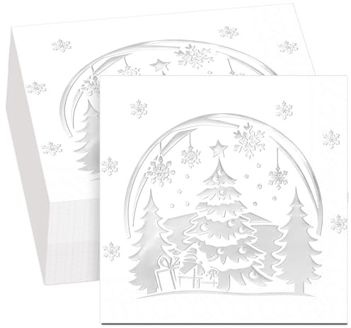 Chrisfall 50 Pcs Merry Christmas Silver Foiled Napkins Christmas Metallic Stag Party Paper Napkins Disposable Xmas Silver Serviettes Cocktail Serviette for Party Supplies(Crystal Ball)