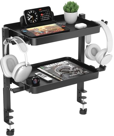 KDD Clamp On Desk Organizer - Adjustable 2-Tier Above or Under Desk Shelves with Large Capacity Tray, Phone & Tablet Holder, Headphone Hook - No Drilling Desktop Storage for Office & Home Accessories
