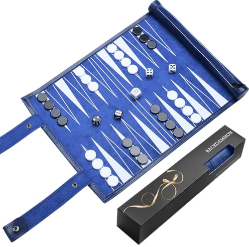 Backgammon de voyage - Jeu de backgammon en bois massif - Jeu de société classique pour les familles, les voyages et les amateurs de stratégie - Portable et durable - Bleu roi