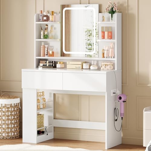 IRONCK Vanity Table with LED Mirror, 3 Colour Adjustable Lighting, White