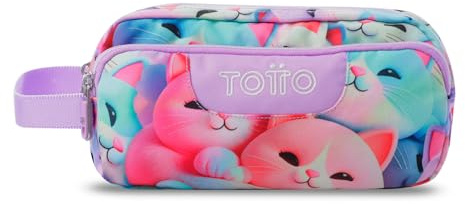 TOTTO - Estuche Escolar 3 Compartimentos, Modelo Agapec, Estuche Grande, Dimensiones 23 x 11.5 x 10.5 cm, Asa Lateral, Tiradores Ergonómicos con PVC, Tejido Resistente, Estampado Mewsy 3D