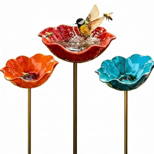 Yeaxxsqy 3-pack Metall Blomstängdgård Fågelbad, Multifunktionell Matare & Bad för utomhus, Blå, Orange, Röd (Liten Fågel, Bad)