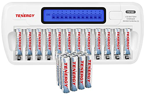Tenergy TN160 12-Bay AA/AAA NiMH/NiCD LCD Charger and 24 Pack AAA Premium NiMH Rechargeable Batteries