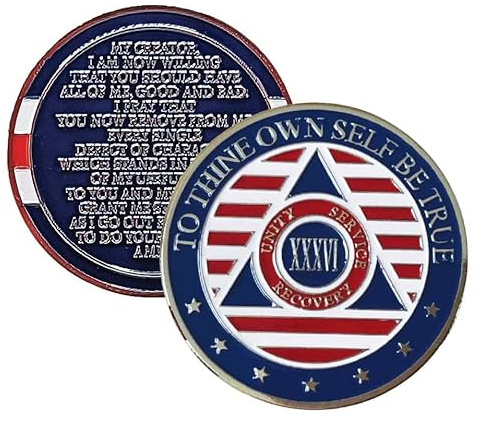 Stars and Stripes Alcoholics Anonymous Chip with 7th Step Prayer on Back Coin Capsule Included (Available in 1-50 Years)