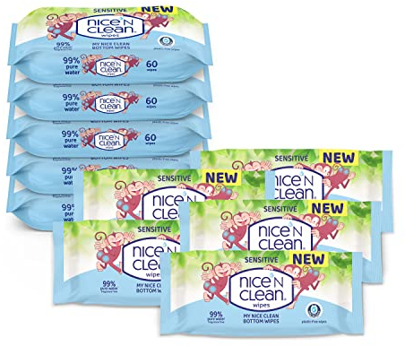 Nice 'N CLEAN - My Nice Clean Bottom Wipes - Flushable Wipes for Toddlers, Plastic-free and Suitable for Sensitive Skin, Biodegradable Wipes for Kids (60 Wipes x 10 packs - 600 Wet Wipes)