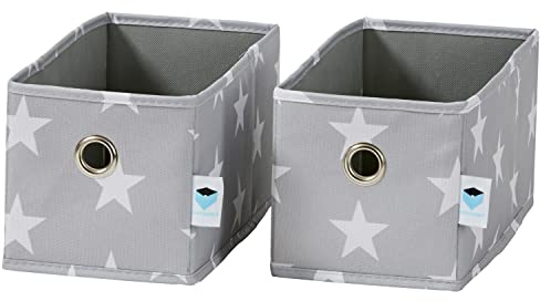 LOVE IT STORE IT Schubladenbox 2-teilig - Organizer aus Stoff - Set mit zwei kleinen Boxen - Verstärkt mit Karton - Hellgrau mit Sternen - 15x30x15 cm