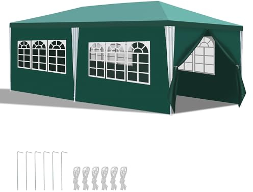 Vigevee Tonnelle de jardin, 3 x 6 m, imperméable, verte, avec parois latérales amovibles et fenêtre, pour fête, bière, protection UV