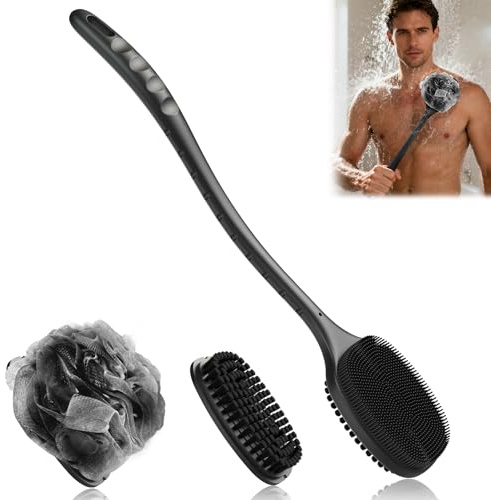 Back Scrubber for Shower, New Updated, Reversible Body Scrub Brush, Long Handle, Comes with Soft Silicone Bristles and Stiff Nylon Bristles for Shower Scrubbing and Massage （ Black）