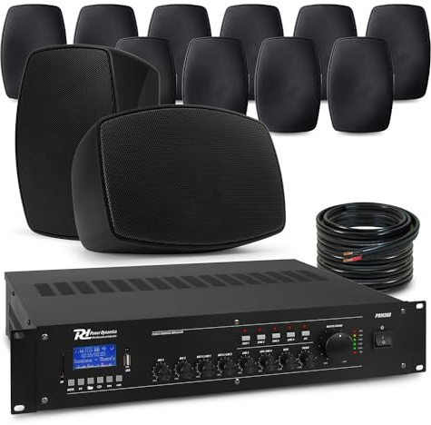 PD 12x 4 BHW40BK Wall Mounted Speaker System with 4-Zone 6-Channel Mixer Amplifier, Indoor/Outdoor Commercial Background Music System with Bluetooth, Weatherproof IPX5 Speakers, Black