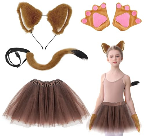 UILYNIU Costume de renard 4 pièces pour enfants, bandeau à oreilles synthétiques, gants à longues queues, tutu de princesse, oreilles d'animaux, déguisement d'Halloween pour fille (renard)