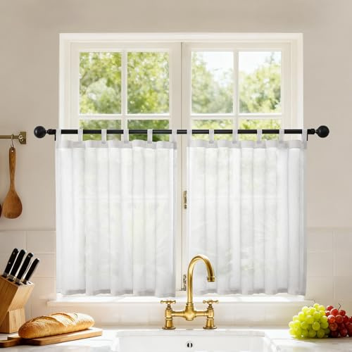 Joydeco Cortinas Cocina con Trabillas 2 Piezas, Cortinas Malla Translúcida Visillos Cortos de Media Altura para Ventanas Pequeñas de Salón Dormitorio Buhardilla, 60x60cm, Blanco
