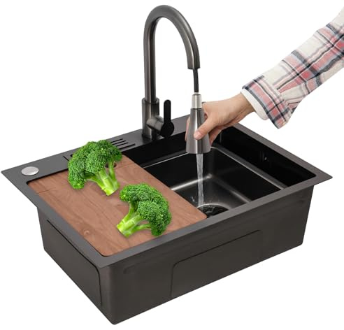 Diskbänk tvättfat rostfritt stål svart diskbänk kök drop-in tvätthandfat 1 handfat med utdragbar kran handfat skärbräda och knivhållare 60 x 45 cm