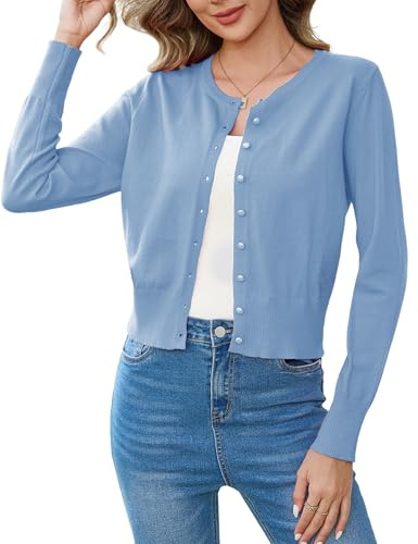 Aottori Bolero Mujer Fiesta Cardigan Corta Chaqueta Elegante Manga Larga Cuello Redondo Sólido Abrigo de Punto con Botones para Primavera Verano Azul Real M