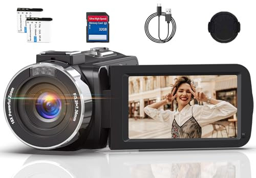 Videokamera 4K Camcorder HD 80MP IR-Nachtsicht Vlogging Kamera für YouTube, Webcam Camera mit 18-Facher Digitalzoom, 3.0’’ 270° Drehung IPS Bildschirm 30FPS Videokamera mit 32GB SD-Karte und Batterien