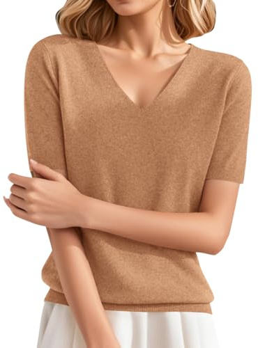 shownicer Pull à Manches Courtes pour Femme Tricot Col V Léger Stretch Couleur Unie Printemps Été Hauts Chic Et Elegant Sweatshirt A Kaki XXL