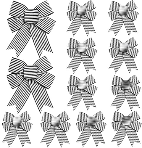 Tsorode 12 Pcs Christmas Bows for Tree,5 x 7 Inch Black and White Striped Christmas Tree Bows for Wreaths Gift Wrapping Garland, Xmas Decoration Holiday Party Decor Tree Ribbon Ornaments Crafts