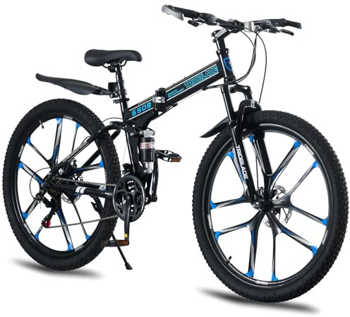LSBIKE 24 26 27.5In Foldable Mountain Bike Dual Suspension Hardtail Bicycle Men Women Mountain Bike 21 Speed Drivetrain Lightweight Frame Sport Cycling Bike for Adult (Black Blue-10 Spoke, 27.5inch)