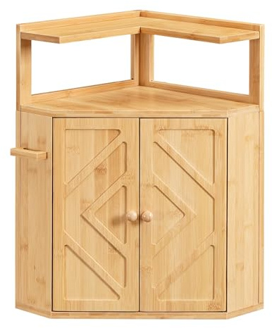 HOOBRO Bamboo Bread Box, Corner Bread Box for Kitchen Countertop, Large Capacity 2-Tier Bread Container, Bread Storage Container with Removable Shelf and Clip Holder, for Dining Room, Natural YL17MB01