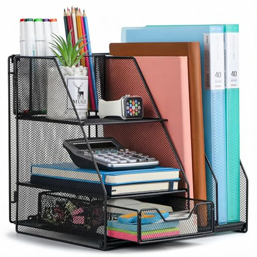 Yungeln Schreibtisch Organizer, Schwarz - Multifunktional & Klappbar mit 2 Schubladen, Stiftehalter, für Büro & Homeoffice, Aktenhalter & Dokumentenablage