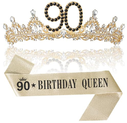 Uiorgui 90th Birthday Crown and Sash for Women, 90 Tiara Headband, Black Gold 90th Birthday Decorations for Woman 90 Year Old Gifts Favors for Her Wife Mom Grandma