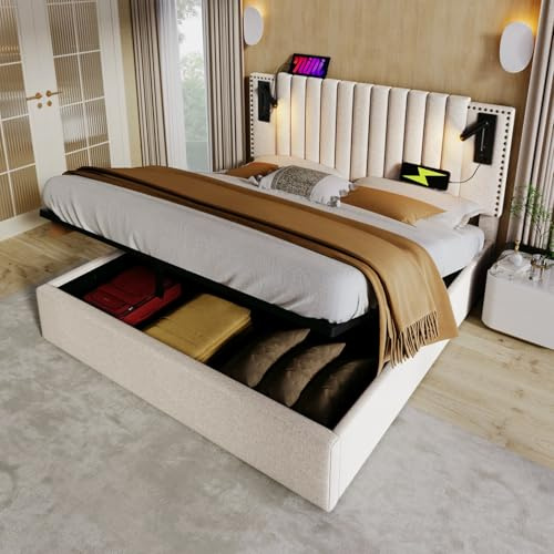 KOMHTOM Lit Double Rembourré Lit Coffre avec Lampe Cadre de Lit Plateform avec Sommier à Lattes en Bois Modernité Chambres à Coucher(sans Matelas) (Beige, 180x200CM)