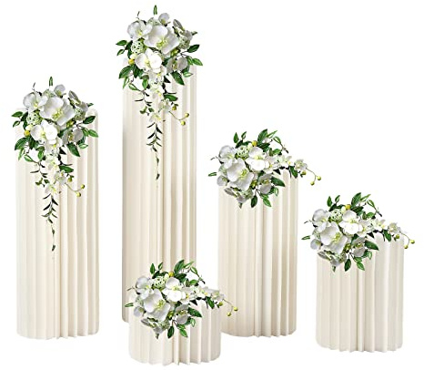 Wipportja 5 vasi a colonna per fiori per matrimonio, in cartone, pieghevoli, bianchi, con una piastra in PVC, per fidanzamento, compleanno, decorazione da tavolo per matrimoni