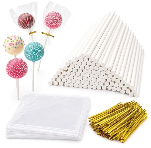 100 Sets Palitos para Cake Pops y Piruletas con Bolsas de Celofán y Lazos Dorados, Kit de Repostería para Brochetas de Chuches, Postres, Comuniones y Cumpleaños, Palos de Papel 10cm x 3.5mm