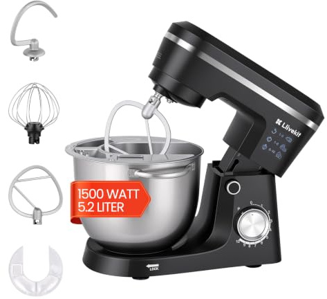 LLIVEKIT 1500W Küchenmaschine, 5,2L Edelstahl-Rührschüssel, Knetmaschine Rührmaschine mit 10 Geschwindigkeiten + Pulsfunktion, Überhitzungsschutz, Multifunktional Haushalts-Backgerät
