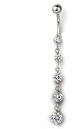 Cascading Cubic Zirconia Dangle Belly Button Ring, Stainless Steel Navel Piercing Barbell Round Crystal Drop Body Jewelry