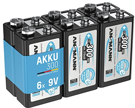 ANSMANN Akku 9V Block Typ 300mAh NiMH 6 Stück mit geringer Selbstentladung - Wiederaufladbare Batterien maxE mit hoher Kapazität - 9 Volt Batterie für Messgerät Multimeter Spielzeug Fernbedienung
